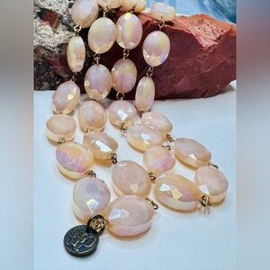 ‘50s Vintage Catholic Devotional Necklace Chi-Rho Medal Opaline AB Glass 42”